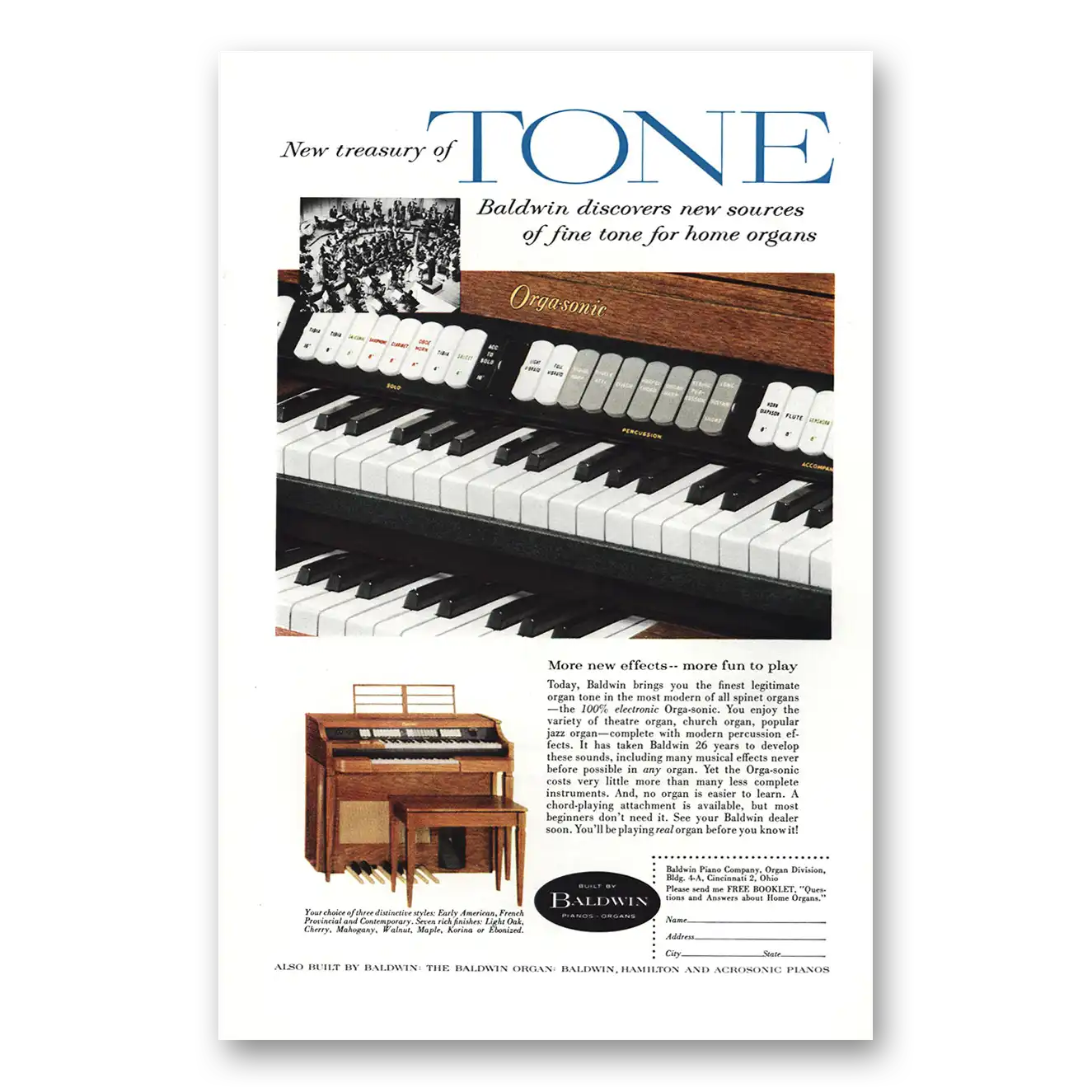 1958 Baldwin Orgasonic Organ New Treasury of Tone Vintage Magazine Print Ad