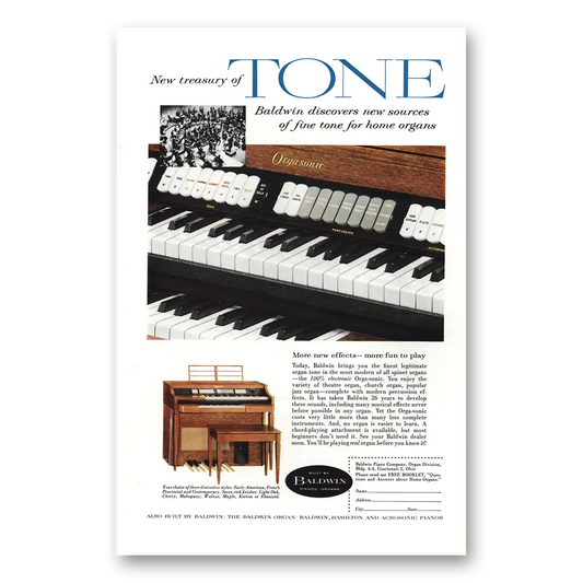 1958 Baldwin Orgasonic Organ New Treasury of Tone Vintage Magazine Print Ad