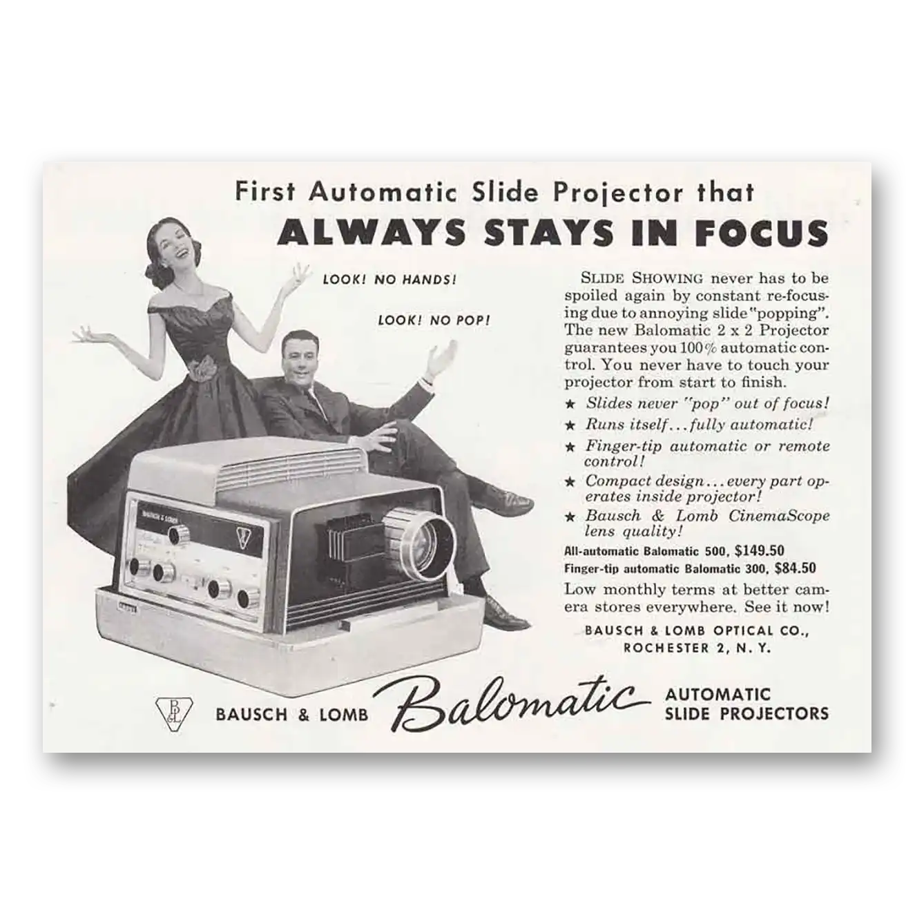 1958 Bausch & Lomb Balomatic Always Stays in Focus Vintage Magazine Print Ad