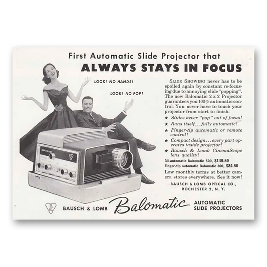 1958 Bausch & Lomb Balomatic Always Stays in Focus Vintage Magazine Print Ad