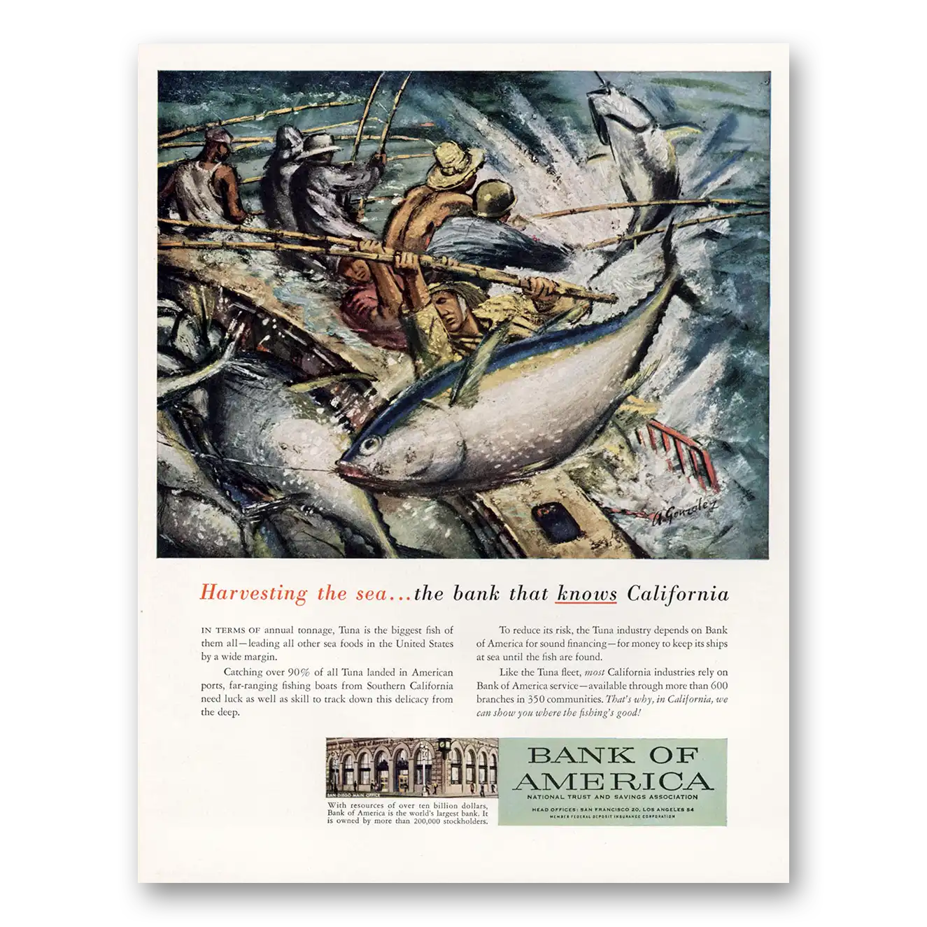 1958 Bank of America Harvesting the Sea California Vintage Magazine Print Ad