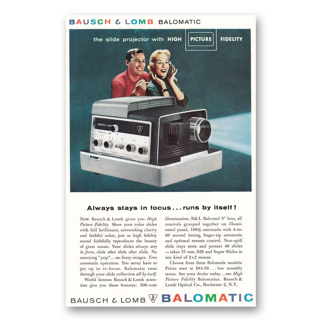 1958 Bausch & Lomb Balomatic High Picture Fidelity Vintage Magazine Print Ad