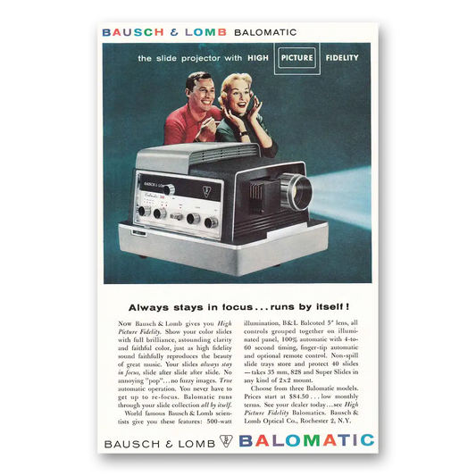 1958 Bausch & Lomb Balomatic High Picture Fidelity Vintage Magazine Print Ad