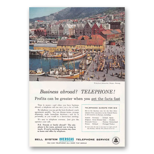 1958 Bell Telephone Business Abroad Bergen Norway Vintage Magazine Print Ad