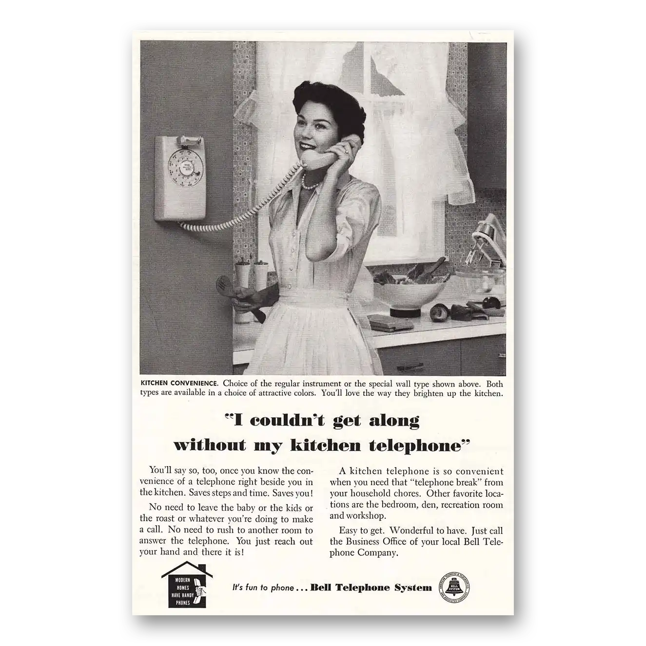 1958 Bell Telephone Kitchen Telephone Vintage Magazine Print Ad