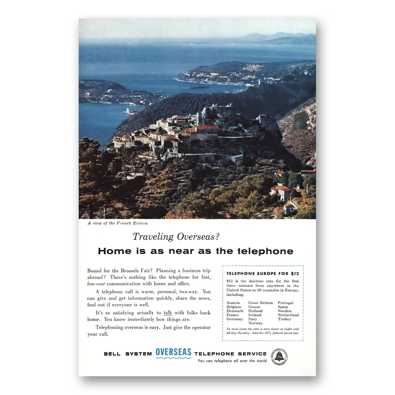 1958 Bell Telephone French Riviera Vintage Magazine Print Ad