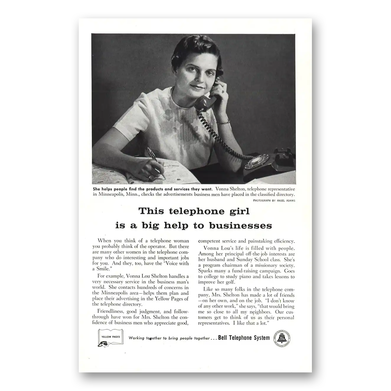 1958 Bell Telephone Telephone Girl Vonna Shelton Vintage Magazine Print Ad