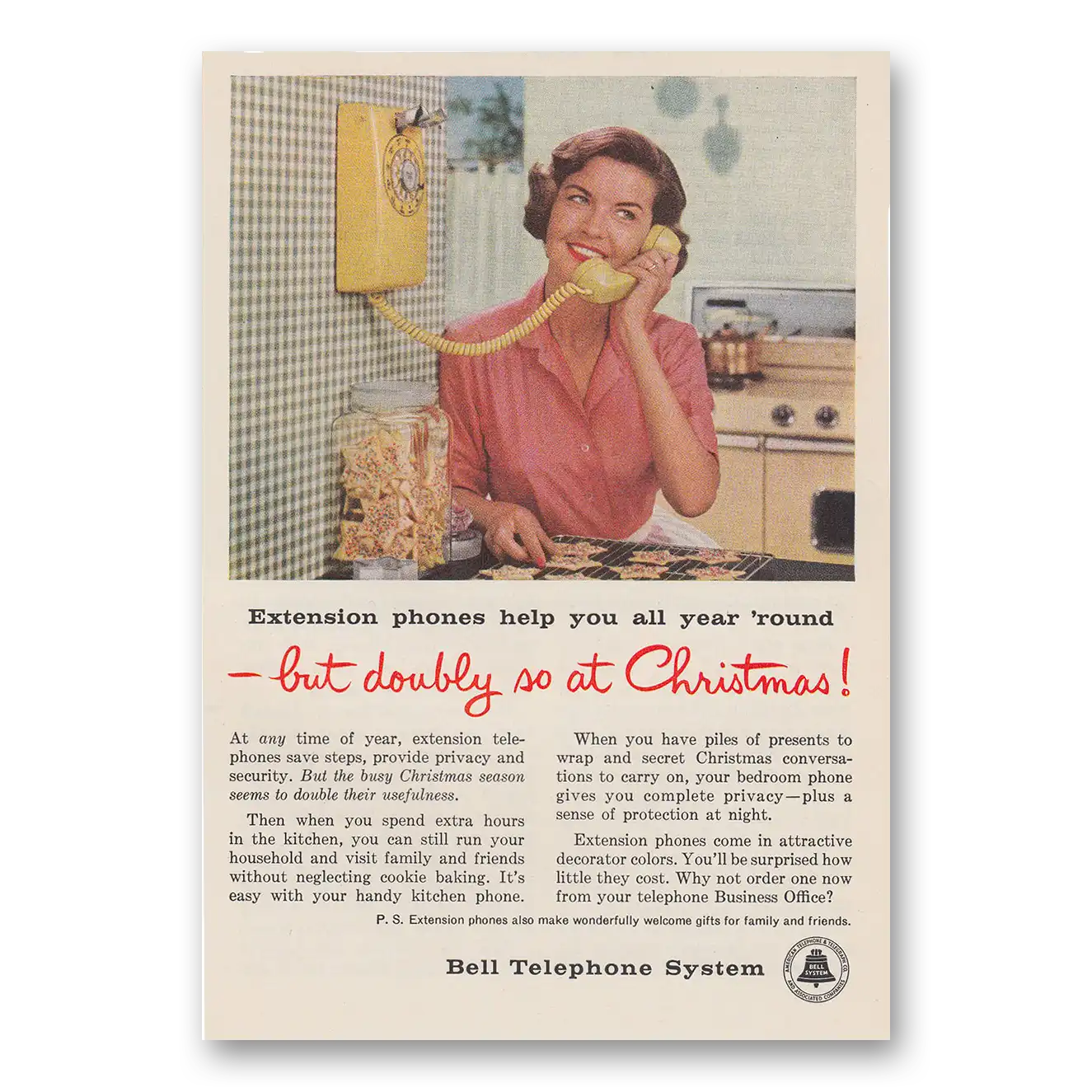 1958 Bell Telephone Doubly So At Christmas Vintage Magazine Print Ad