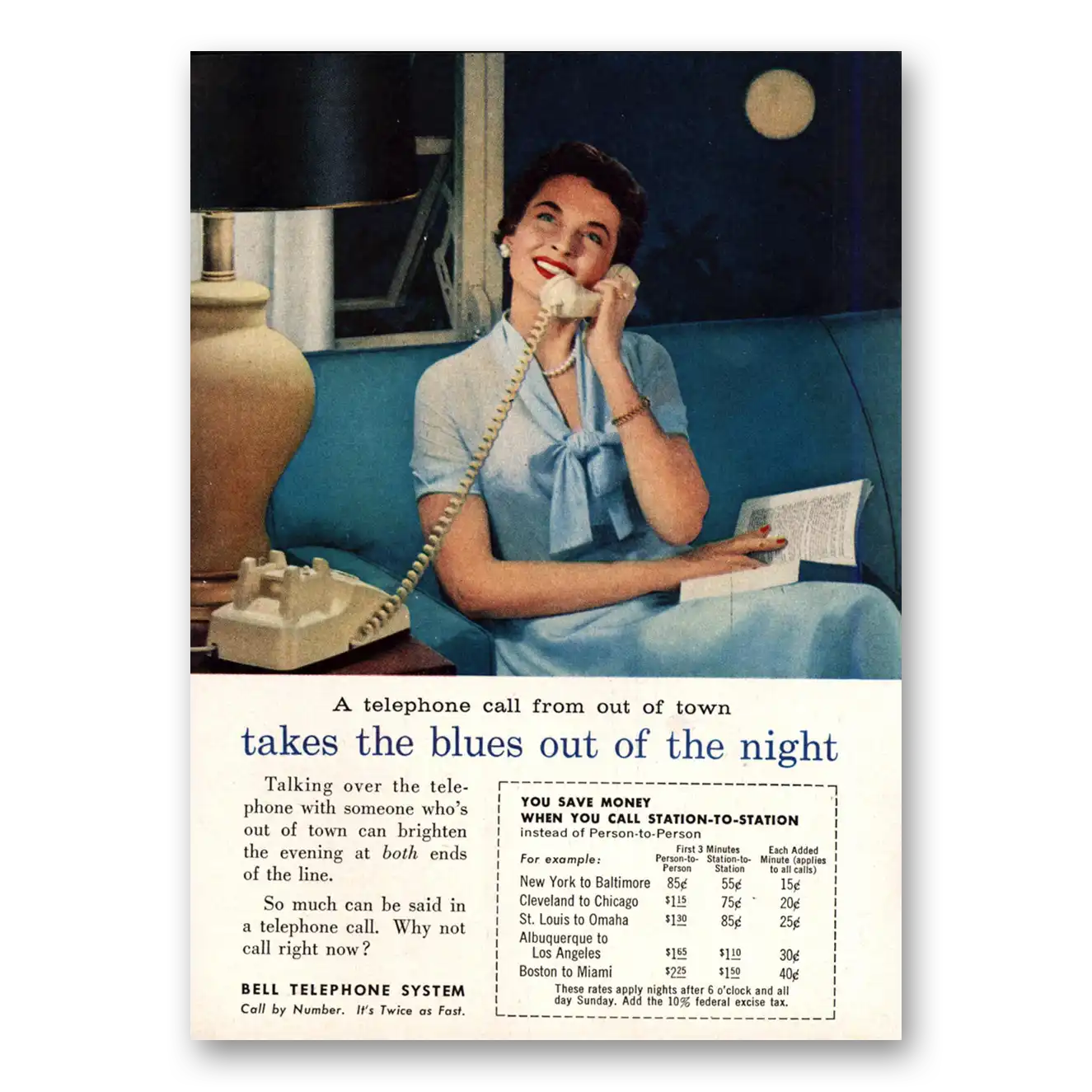 1958 Bell Telephone Takes the Blues Out of the Night Vintage Magazine Print Ad