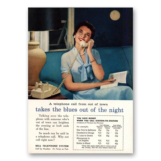 1958 Bell Telephone Takes the Blues Out of the Night Vintage Magazine Print Ad