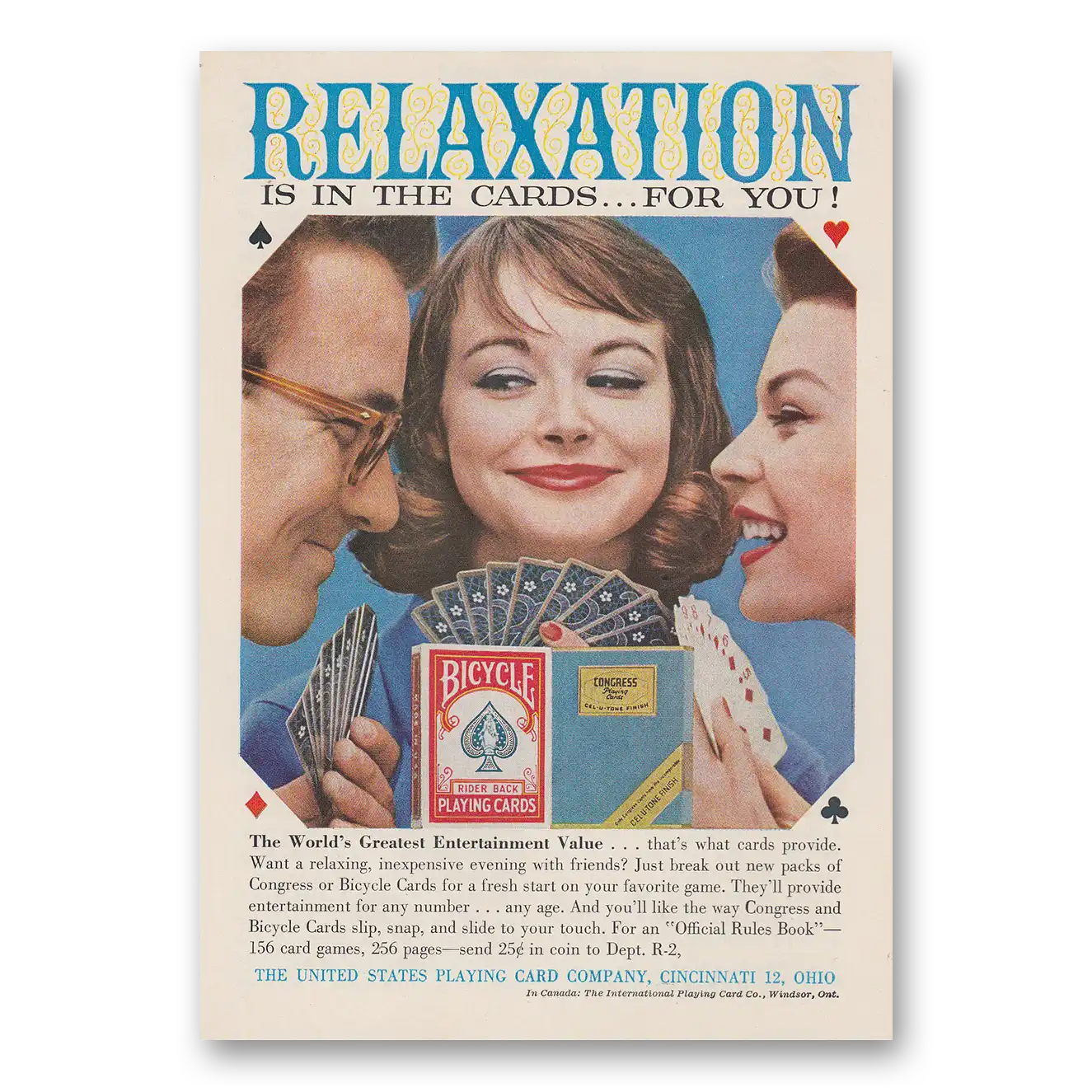 1958 Bicycle Playing Cards Relaxation Is In the Cards Vintage Magazine Print Ad