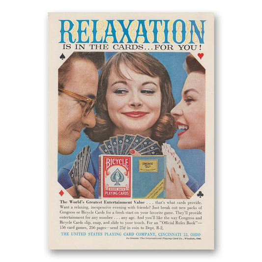 1958 Bicycle Playing Cards Relaxation Is In the Cards Vintage Magazine Print Ad