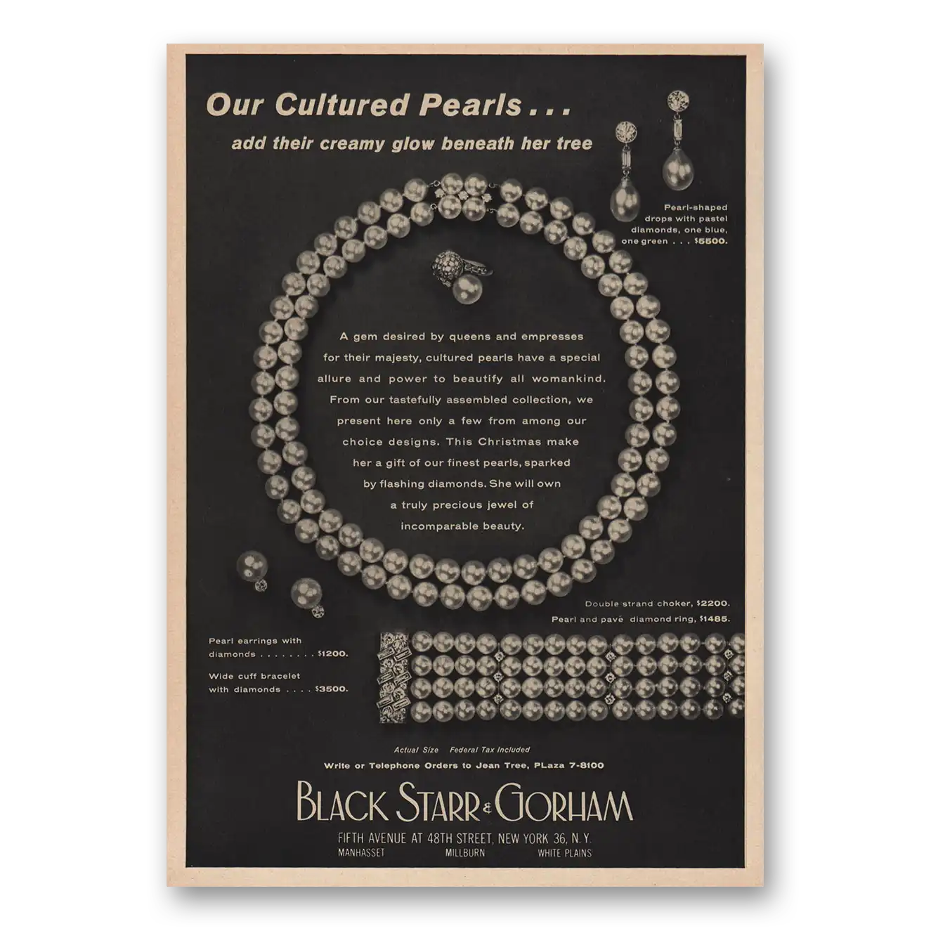 1958 Black Starr Gorham Our Cultured Pearls Vintage Magazine Print Ad