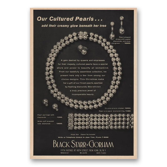 1958 Black Starr Gorham Our Cultured Pearls Vintage Magazine Print Ad