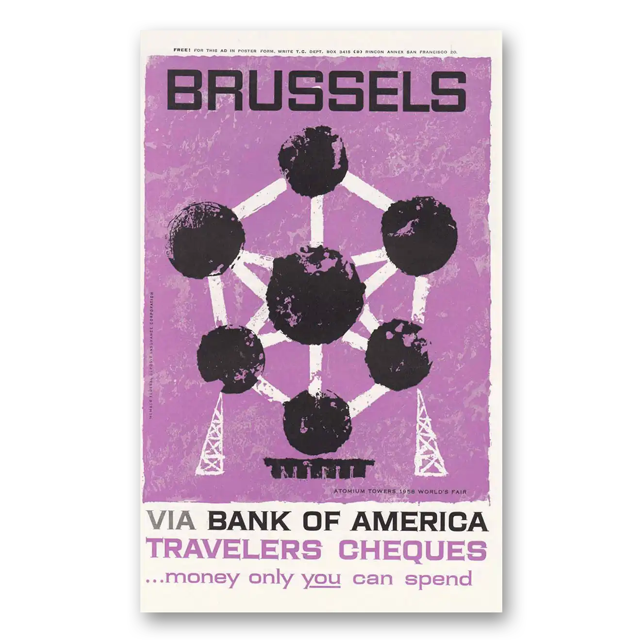 1958 Bank of America Travelers Cheques Brussels Vintage Magazine Print Ad