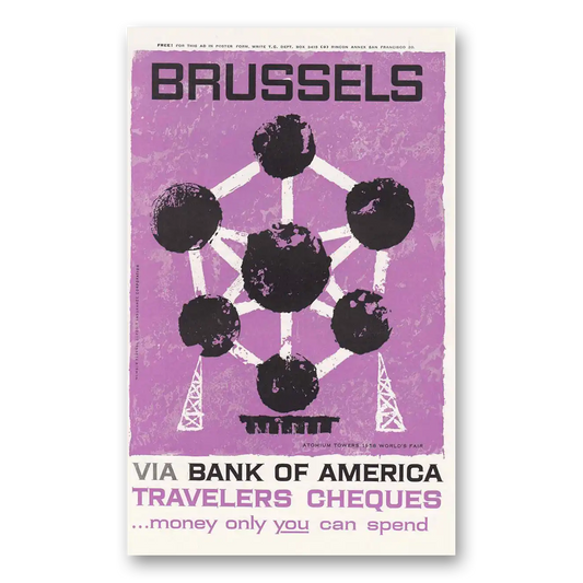 1958 Bank of America Travelers Cheques Brussels Vintage Magazine Print Ad