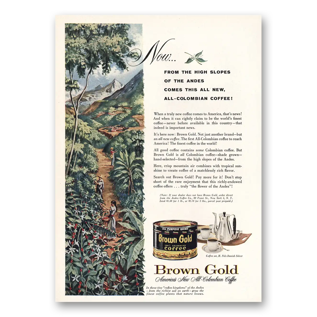 1958 Brown Gold Coffee High Slopes of the Andes Vintage Magazine Print Ad