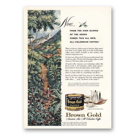 1958 Brown Gold Coffee High Slopes of the Andes Vintage Magazine Print Ad