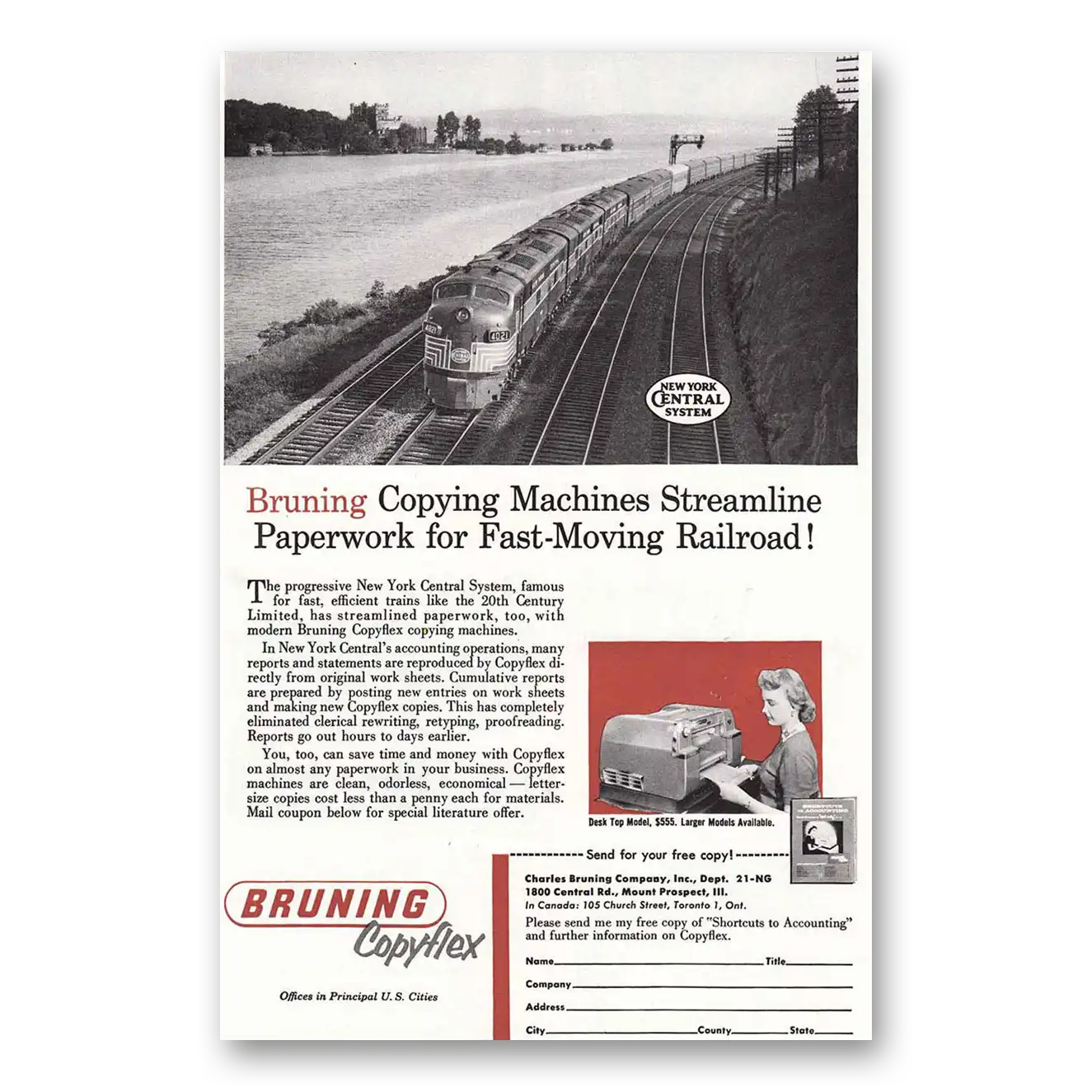 1958 Bruning Copyflex Fast Moving Railroad New York Vintage Magazine Print Ad