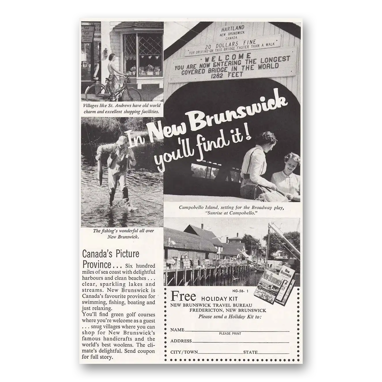 1958 New Brunswick Canada Longest Covered Bridge Vintage Magazine Print Ad