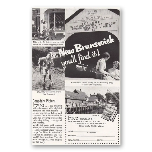 1958 New Brunswick Canada Longest Covered Bridge Vintage Magazine Print Ad