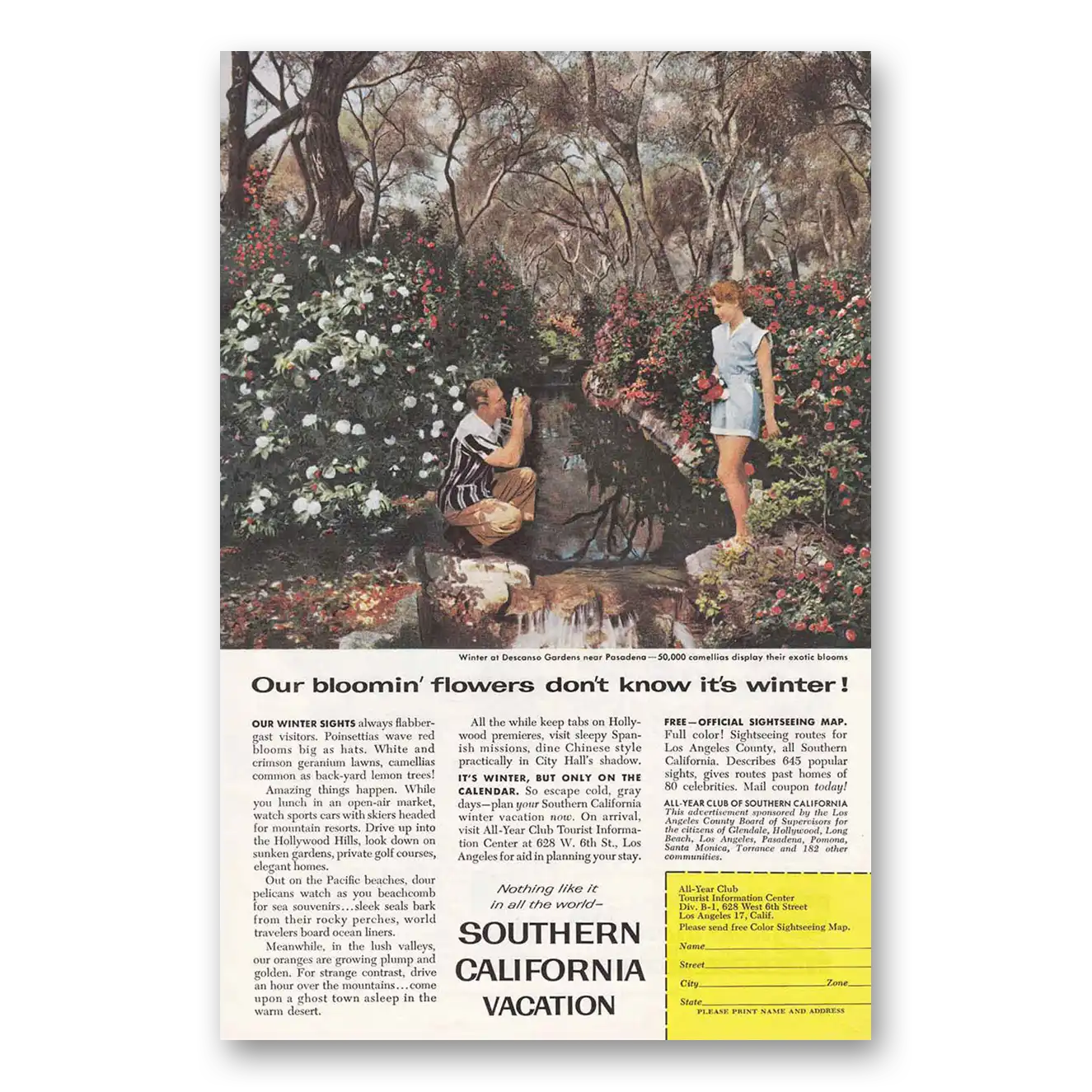 1958 Southern California Descanso Gardens Our Bloomin Flowers Vintage Magazine Print Ad