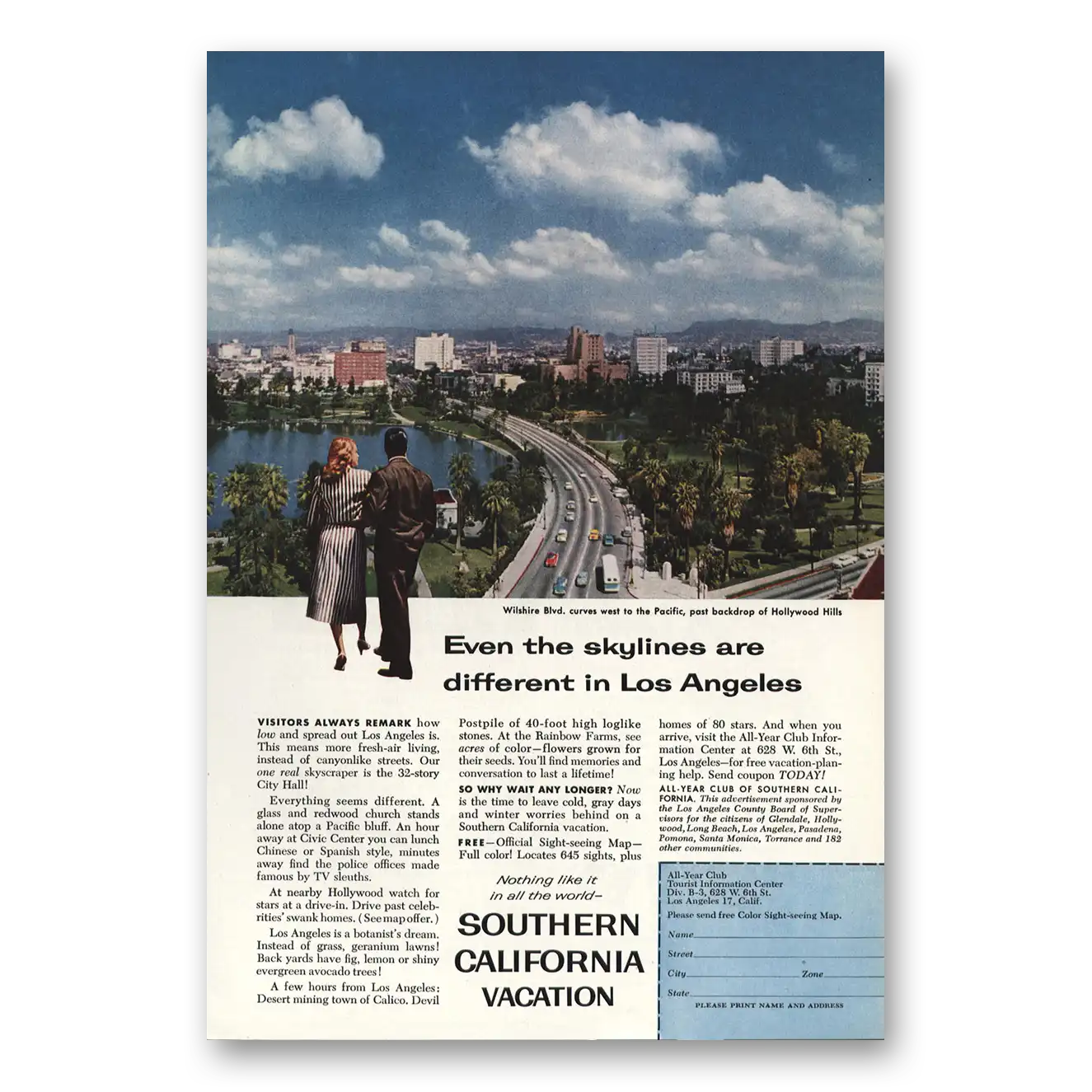 1958 Southern California Wilshire Blvd Vintage Magazine Print Ad