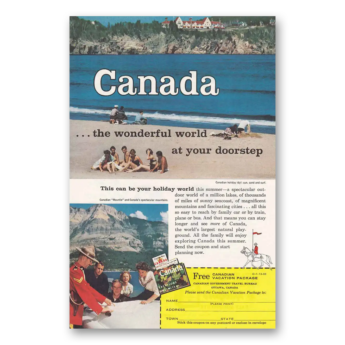 1958 Canada Wonderful World at Your Doorstep Vintage Magazine Print Ad