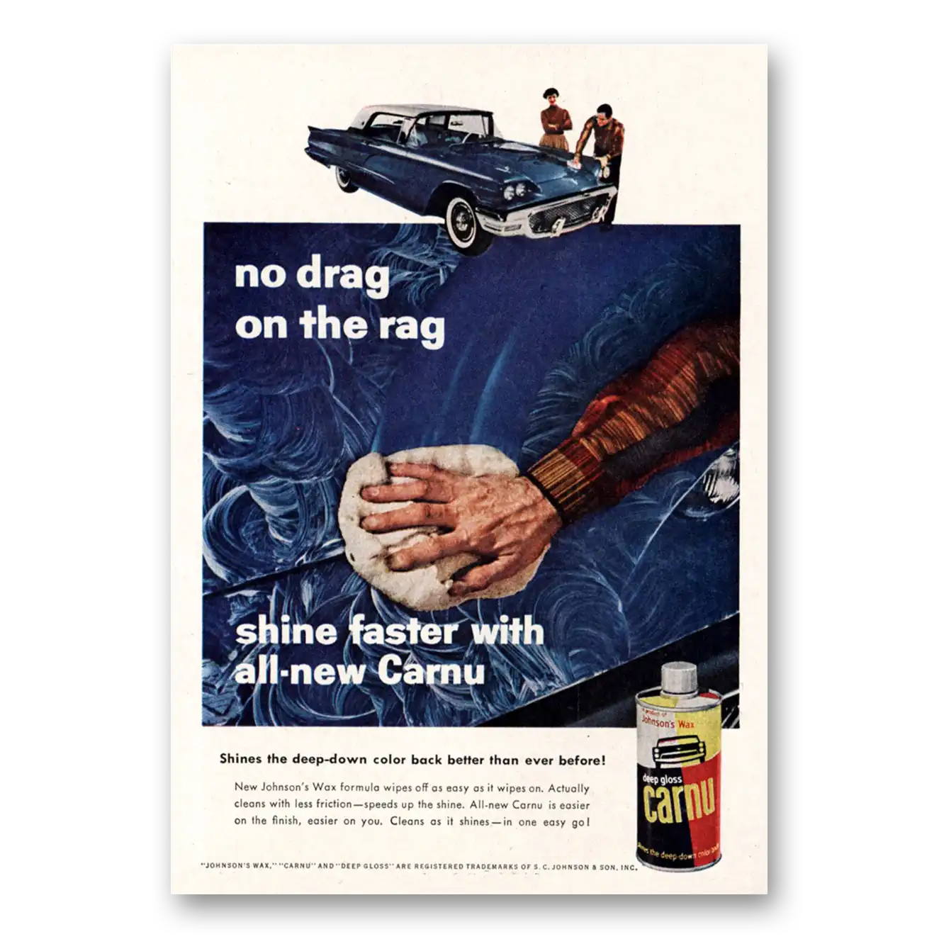 1958 Carnu Car Wax No Drag On the Rag Vintage Magazine Print Ad