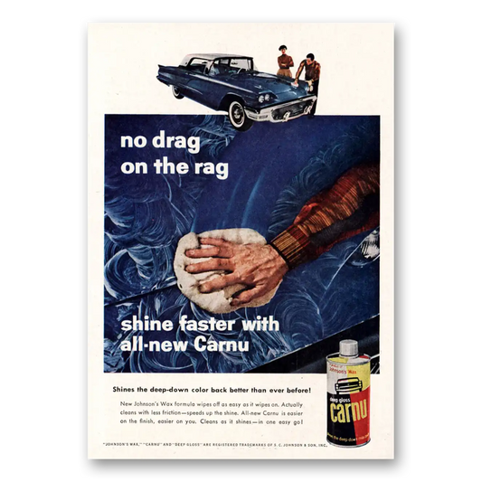 1958 Carnu Car Wax No Drag On the Rag Vintage Magazine Print Ad