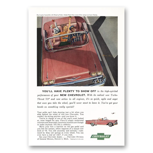 1958 Chevrolet Impala Convertible Have Plenty to Show Off Vintage Magazine Print Ad