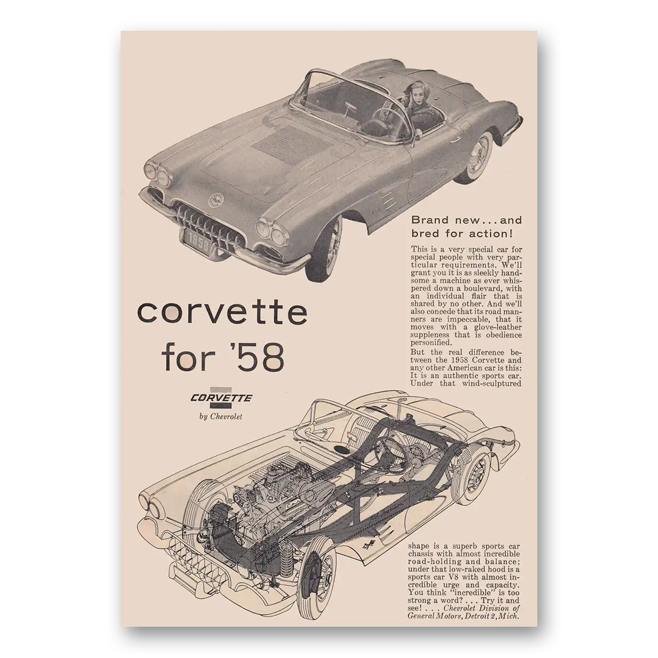 1958 Chevrolet Corvette Brand New and Bred for Action Vintage Magazine Print Ad