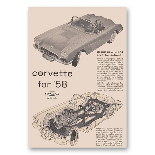 1958 Chevrolet Corvette Brand New and Bred for Action Vintage Magazine Print Ad