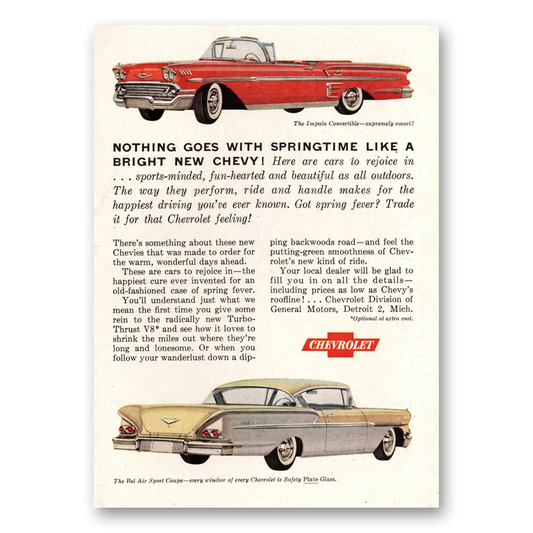 1958 Chevrolet Impala Nothing Goes with Springtime Vintage Magazine Print Ad