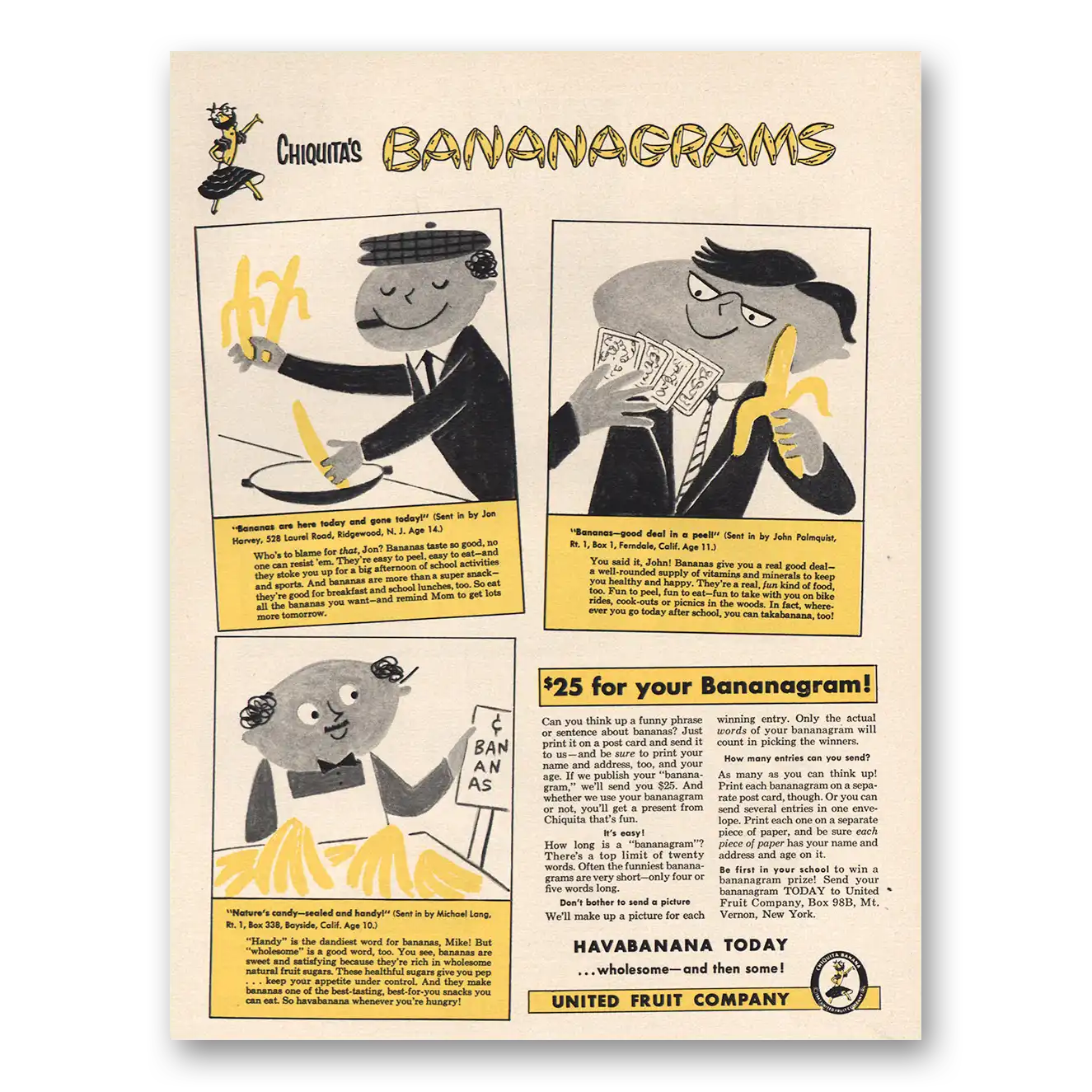 1958 Chiquita Banana Bananagrams Vintage Magazine Print Ad