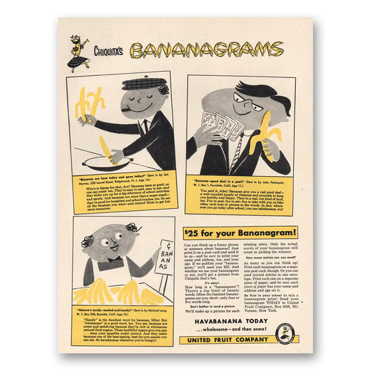 1958 Chiquita Banana Bananagrams Vintage Magazine Print Ad