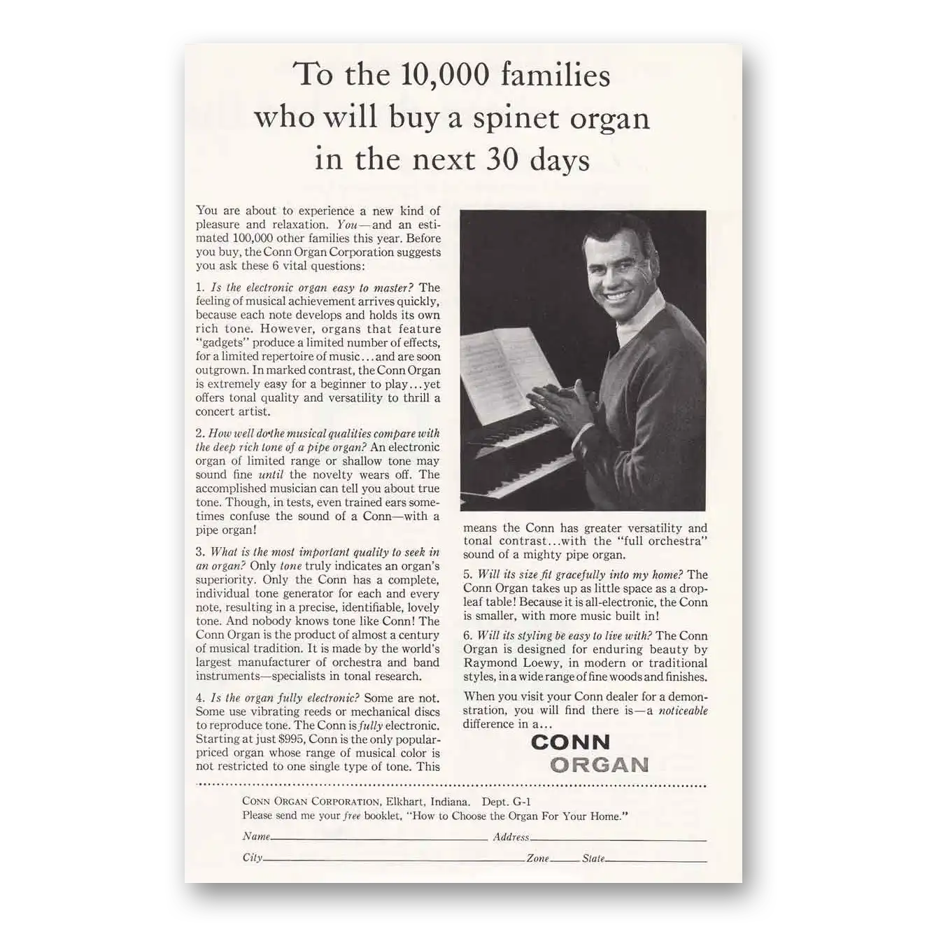 1958 Conn Organ To the 10000 Families Who Will Buy Vintage Magazine Print Ad