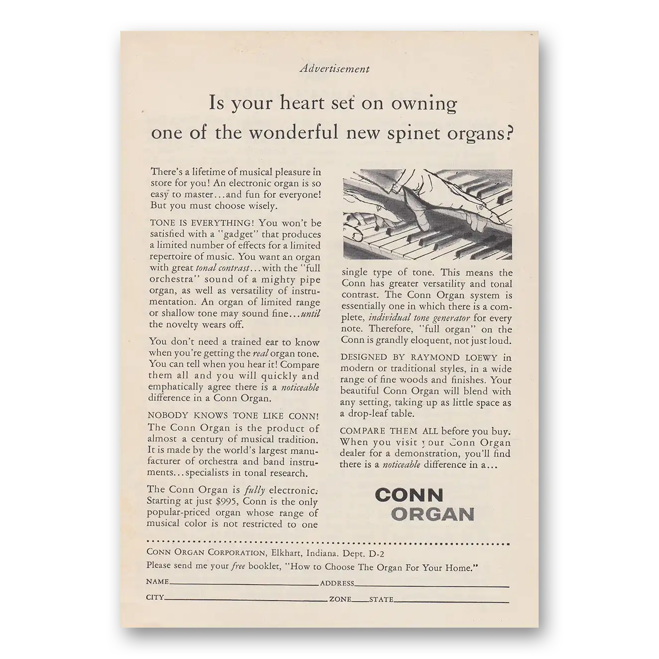 1958 Conn Organ Your Heart Set On Owning Vintage Magazine Print Ad