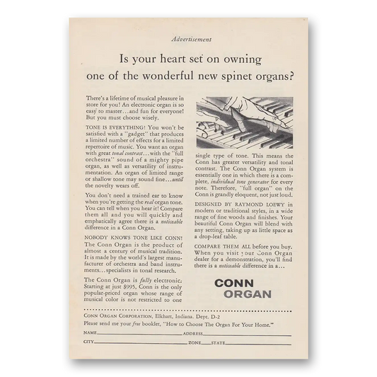 1958 Conn Organ Your Heart Set On Owning Vintage Magazine Print Ad