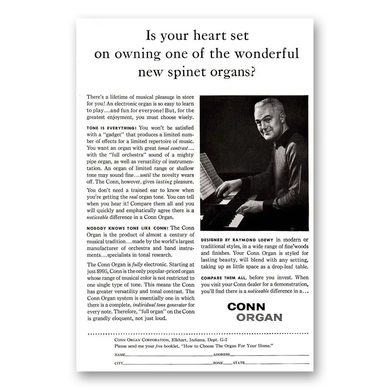 1958 Conn Organ Spinet Organs Vintage Magazine Print Ad