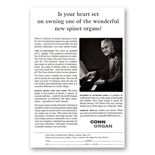 1958 Conn Organ Spinet Organs Vintage Magazine Print Ad