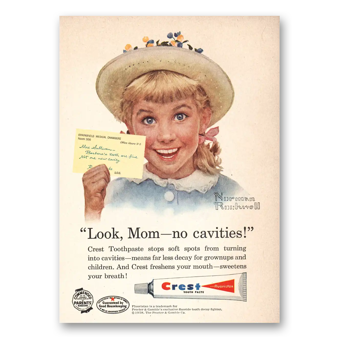 1958 Crest Toothpaste Stops Soft Spots Barbara Vintage Magazine Print Ad