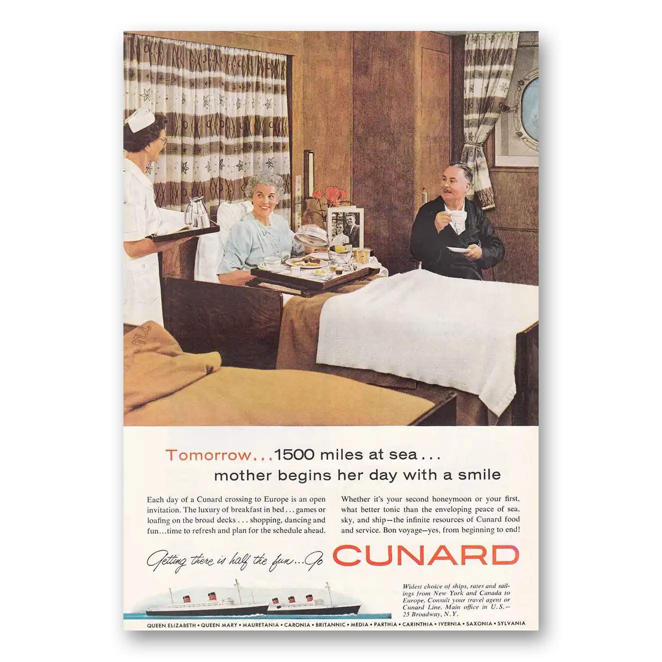 1958 Cunard Mother Begins Her Day Vintage Magazine Print Ad