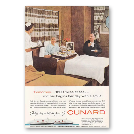 1958 Cunard Mother Begins Her Day Vintage Magazine Print Ad