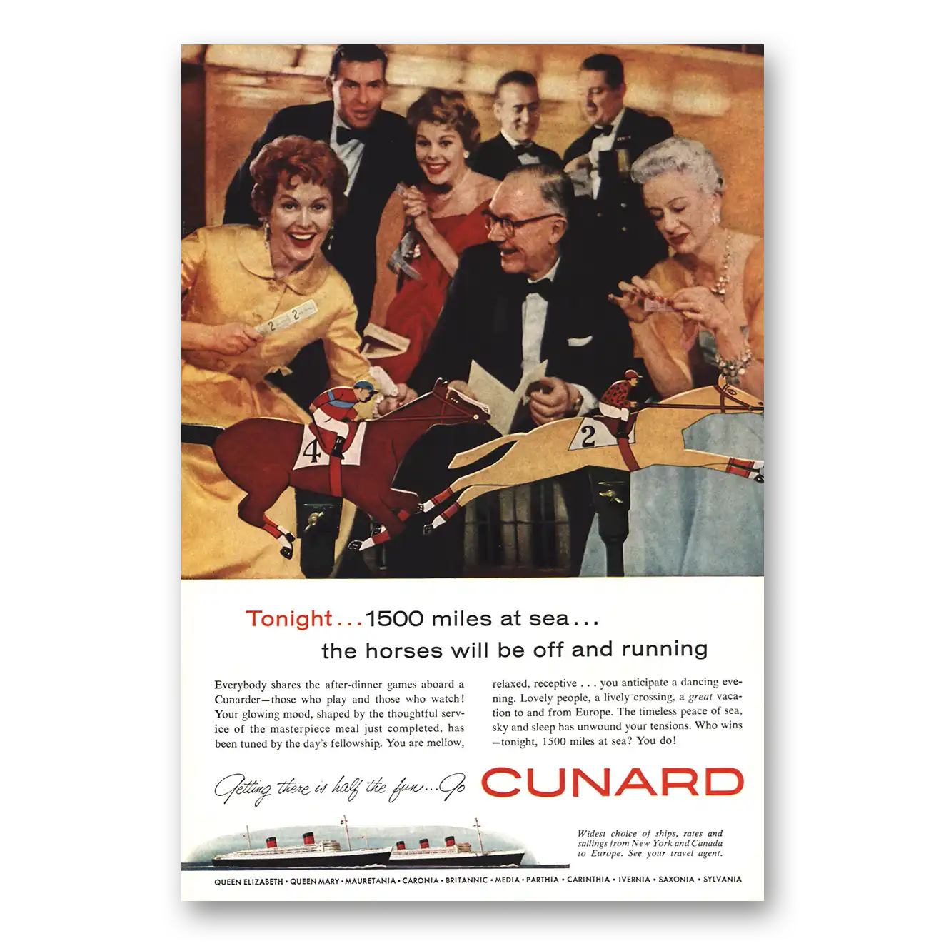 1958 Cunard Horses Will Be Off and Running Vintage Magazine Print Ad