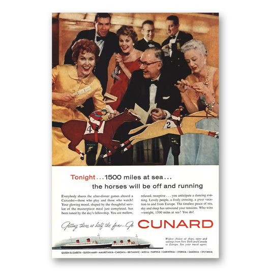 1958 Cunard Horses Will Be Off and Running Vintage Magazine Print Ad