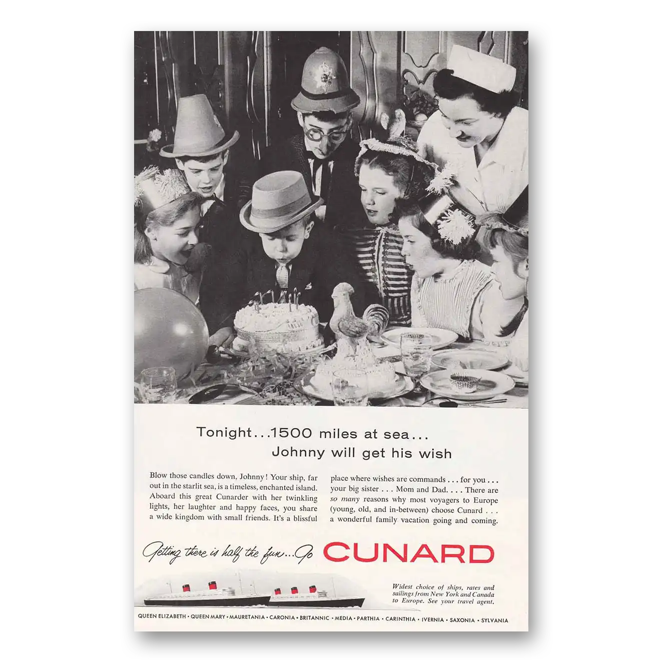 1958 Cunard Johnny Will Get His Wish Vintage Magazine Print Ad