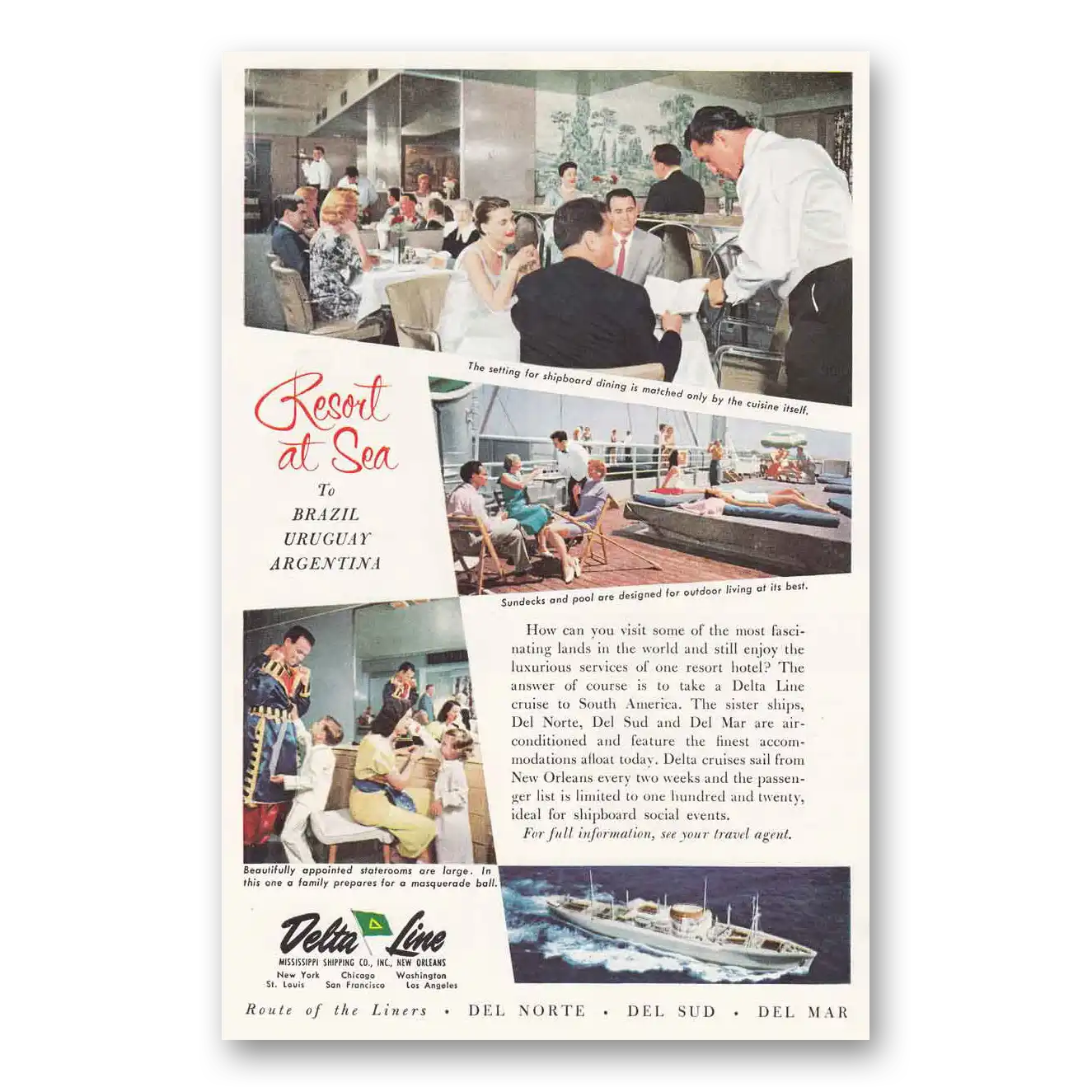 1958 Delta Line Shipboard Dining Vintage Magazine Print Ad