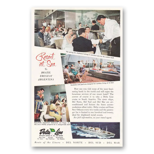 1958 Delta Line Shipboard Dining Vintage Magazine Print Ad