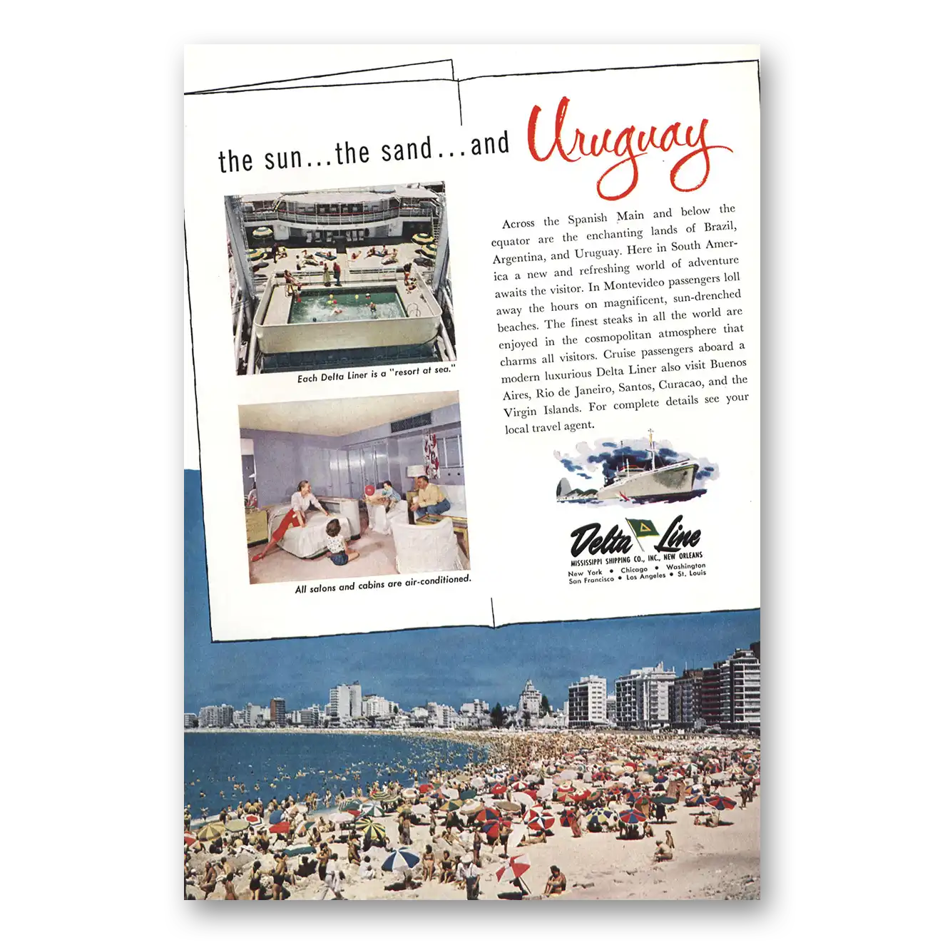 1958 Delta Line Sun Sand and Uruguay Vintage Magazine Print Ad